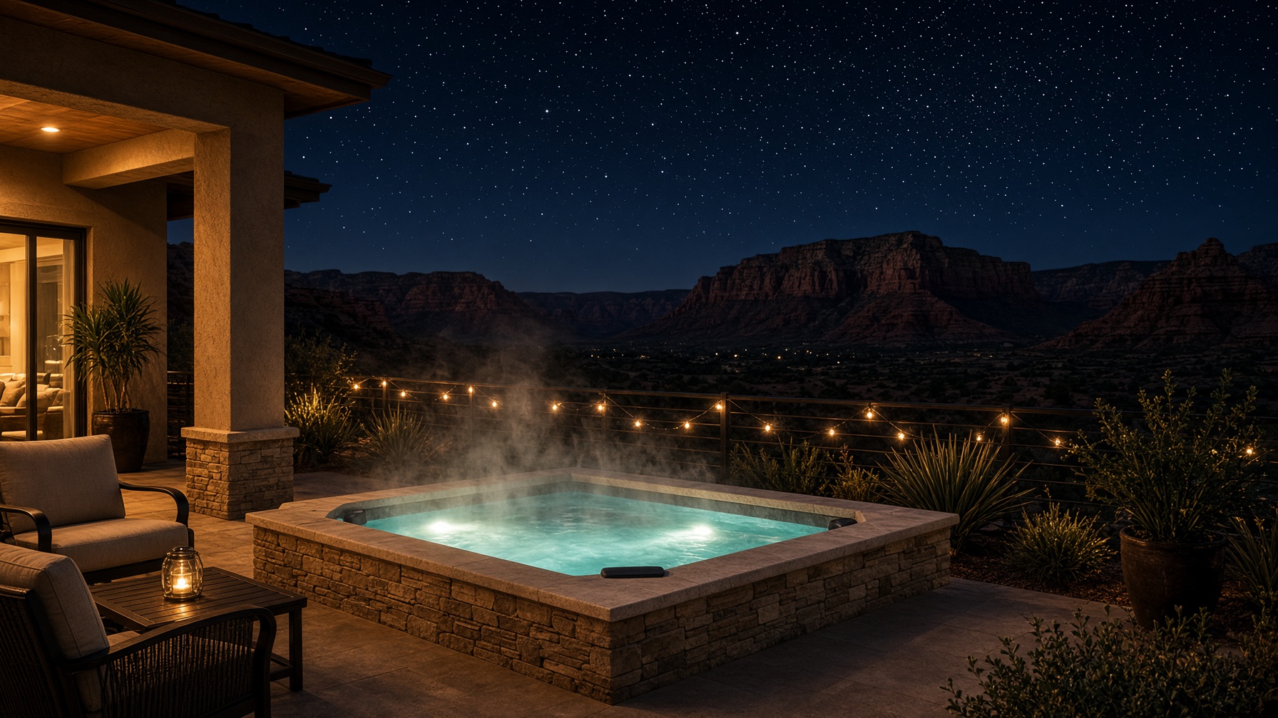 Private hot tub under a desert night sky