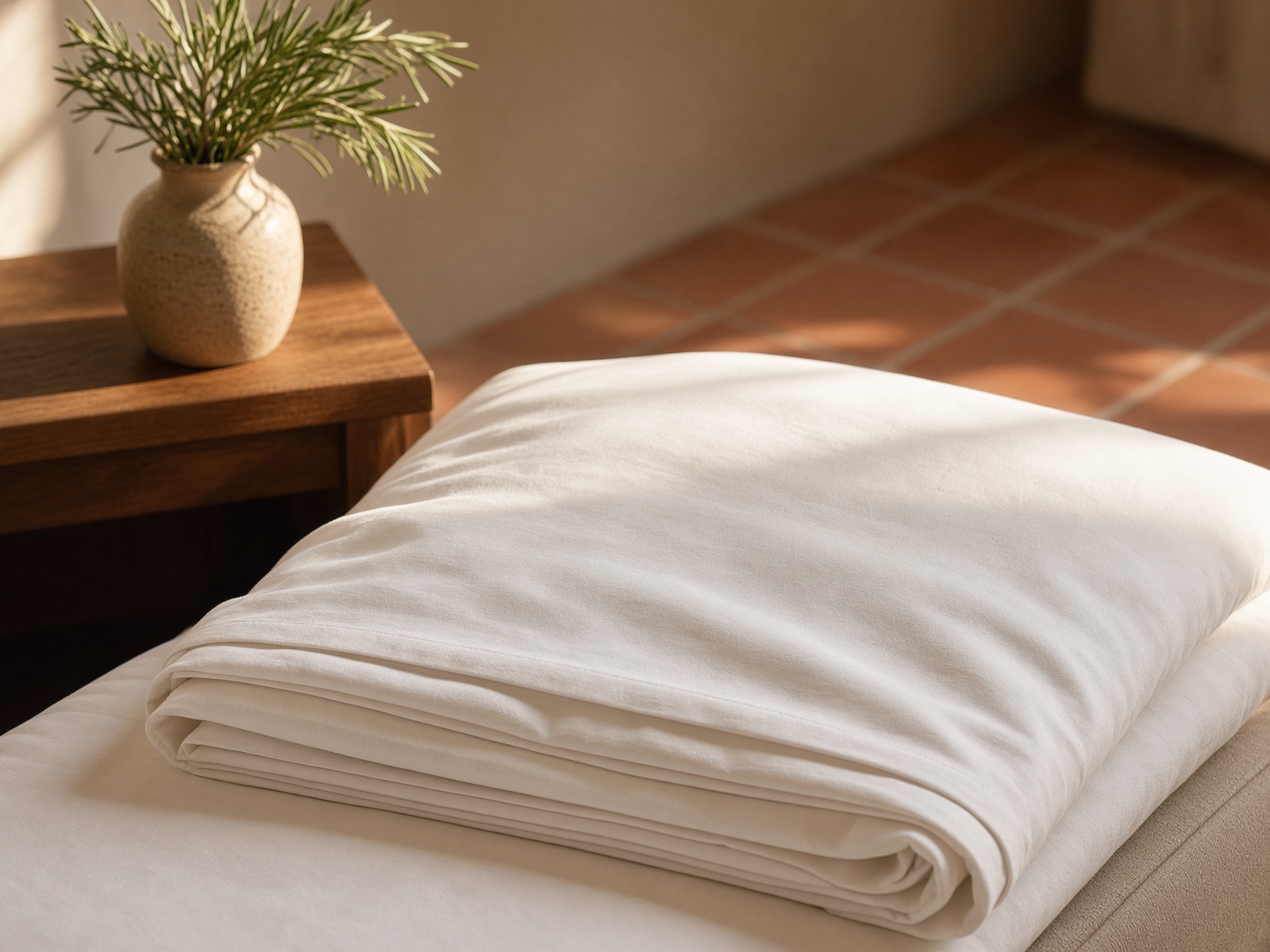 Hotel-quality linens folded on a bed